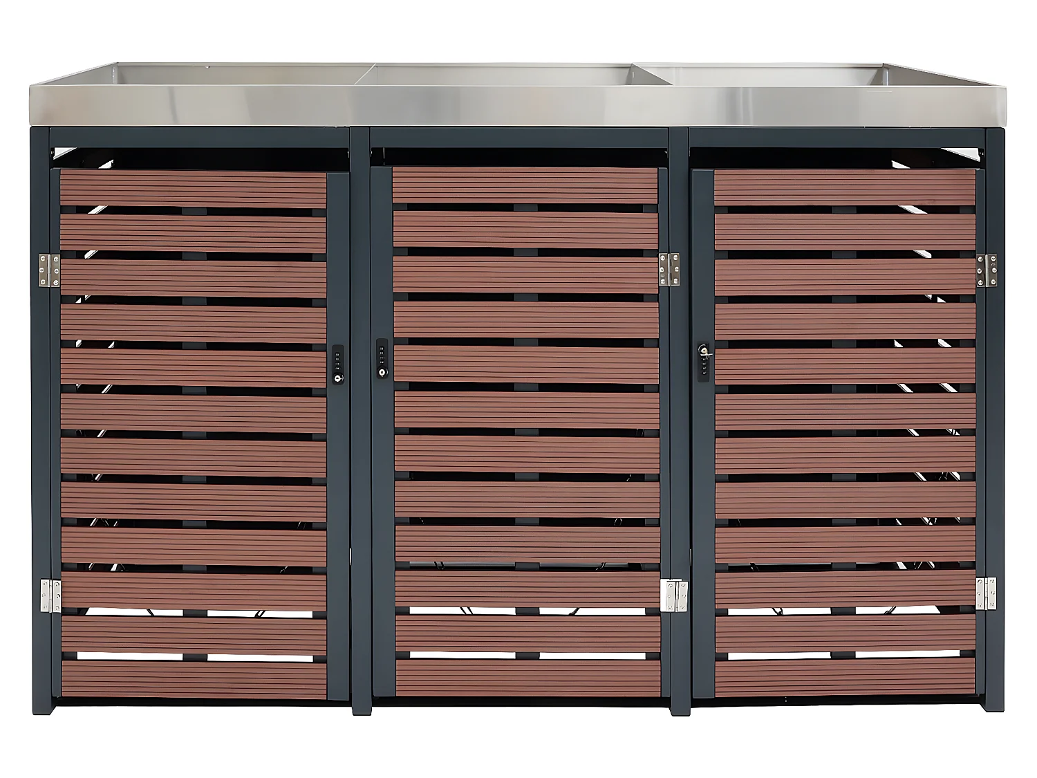 3x copribidoni box spazzatura rifiuti con fioriera MCW-K14 84x200x124cm metallo WPC marrone