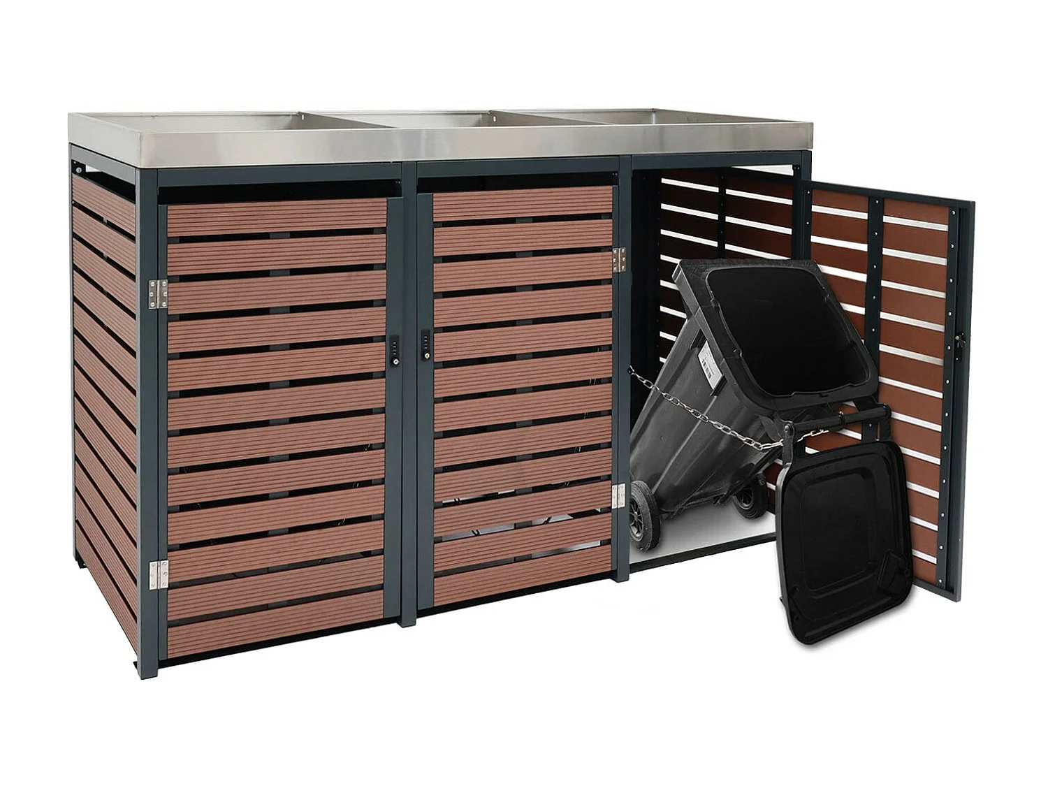 3x copribidoni box spazzatura rifiuti con fioriera MCW-K14 84x200x124cm metallo WPC marrone