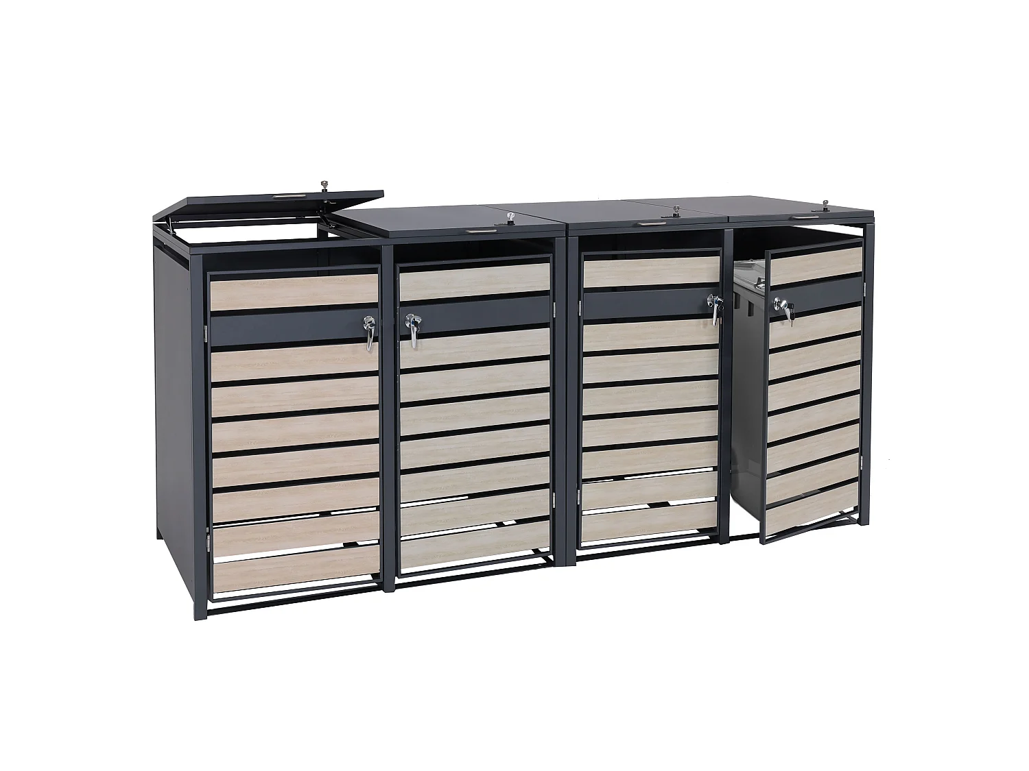 Set 4x copribidoni box spazzatura rifiuti MCW-J81 80x264x117cm acciaio inox antracite faggio