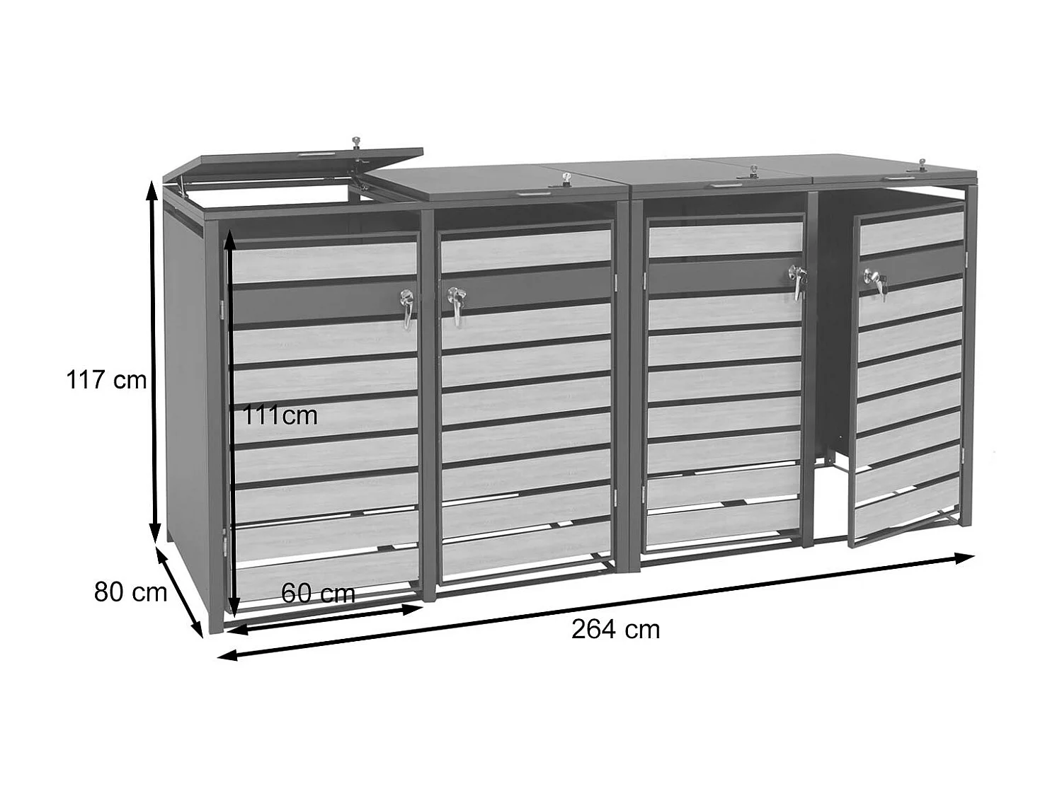 Set 4x copribidoni box spazzatura rifiuti MCW-J81 80x264x117cm acciaio inox antracite faggio