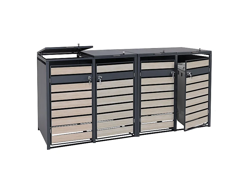 Set 4x copribidoni box spazzatura rifiuti MCW-J81 80x264x117cm acciaio inox antracite faggio