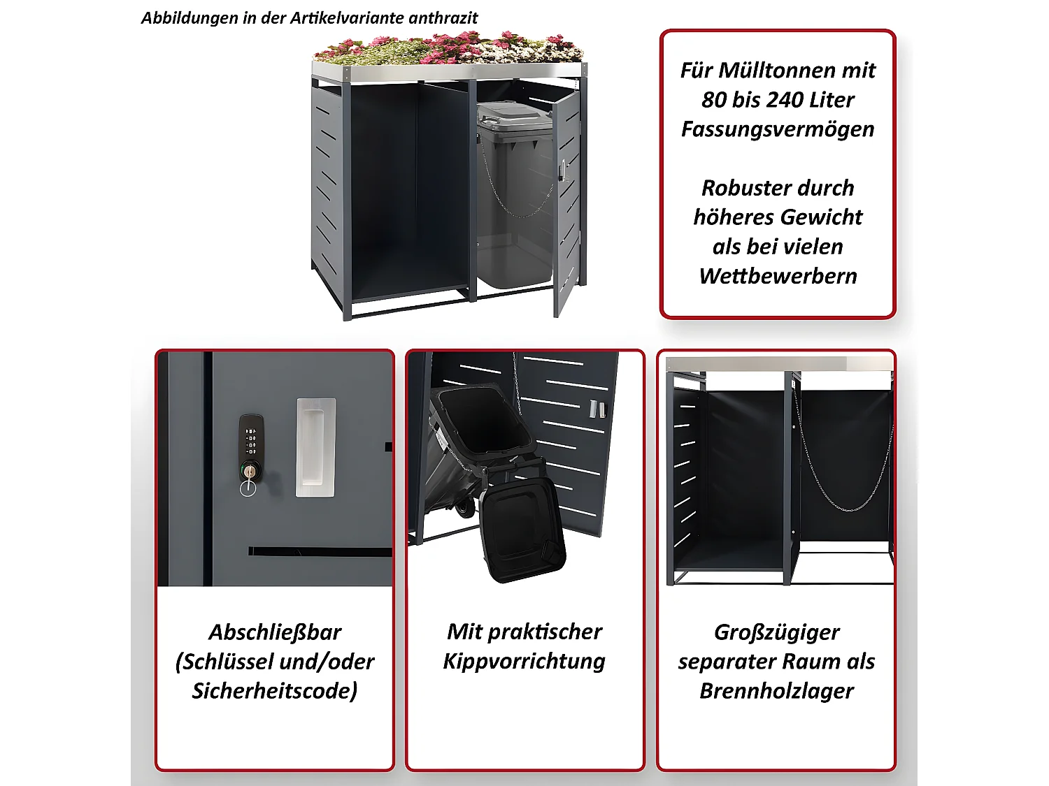 1-bins afvalbak met houtopslag MCW-H40,  antraciet