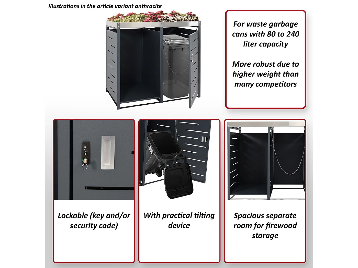 1-pojemnikowy pojemnik na śmieci z drewnianym schowkiem MCW-H40,  antracyt