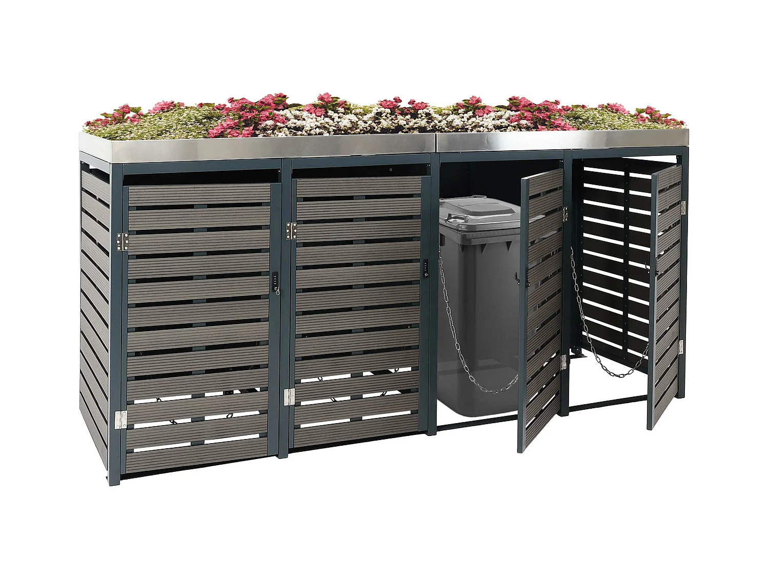 4x copribidoni box spazzatura rifiuti con fioriera MCW-K14 84x265x124cm metallo WPC antracite