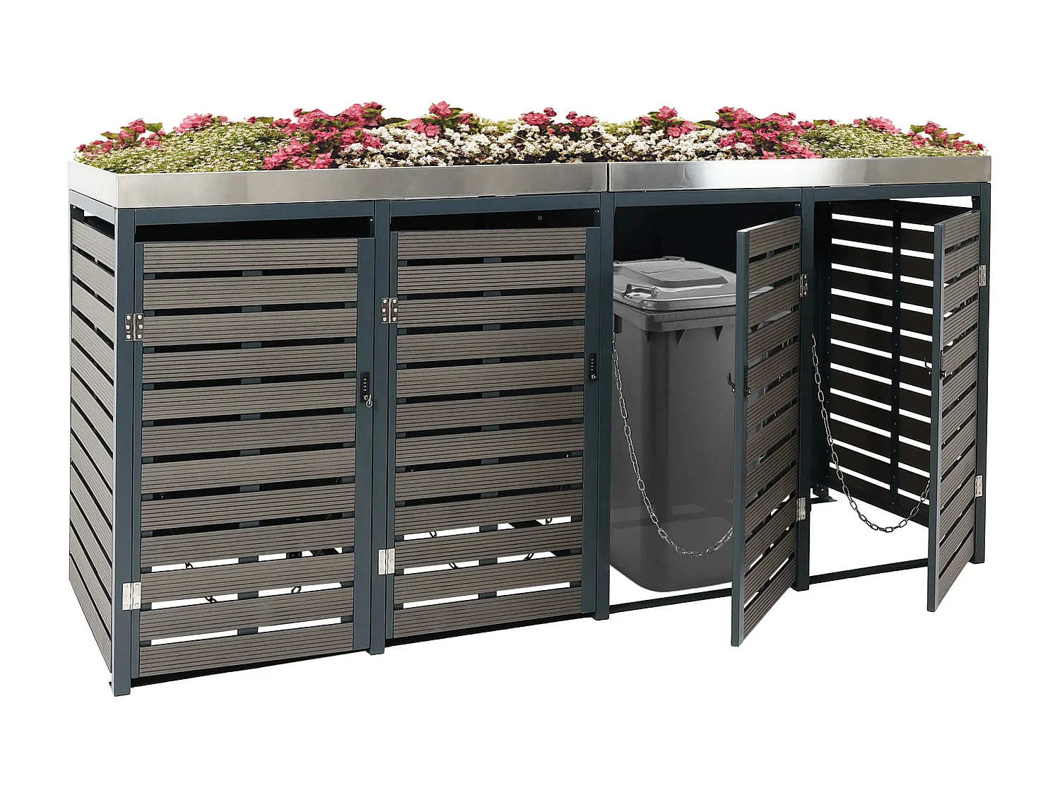 4x copribidoni box spazzatura rifiuti con fioriera MCW-K14 84x265x124cm metallo WPC antracite