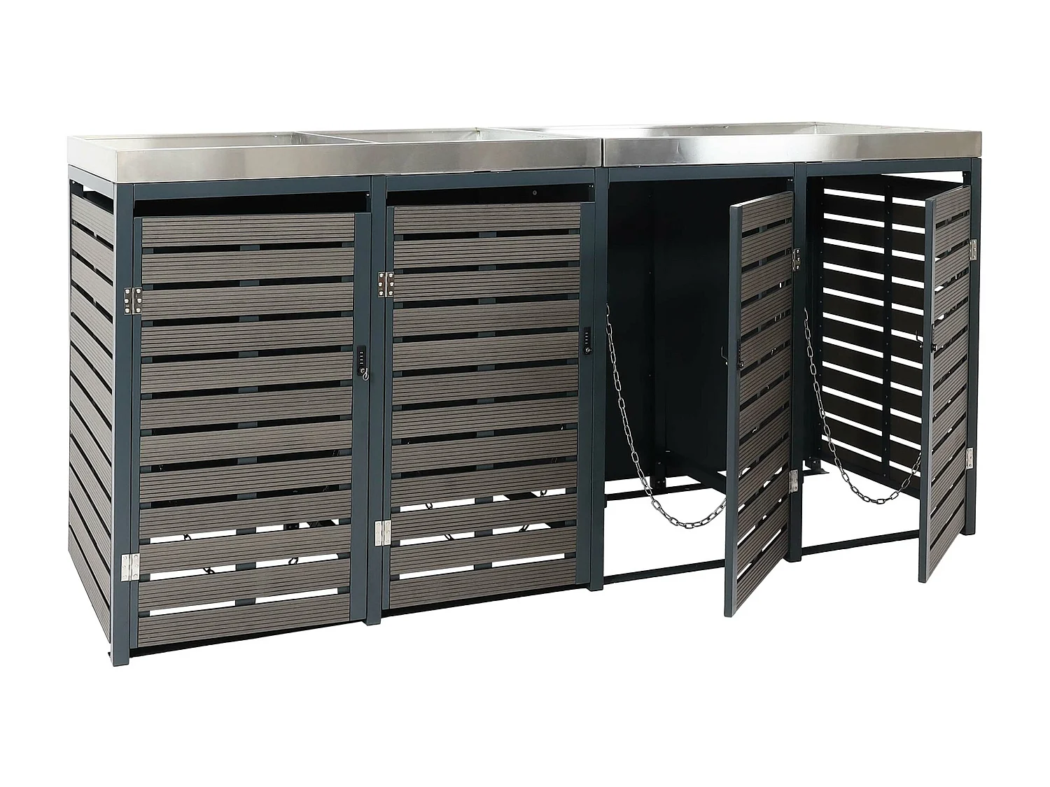 4x copribidoni box spazzatura rifiuti con fioriera MCW-K14 84x265x124cm metallo WPC antracite