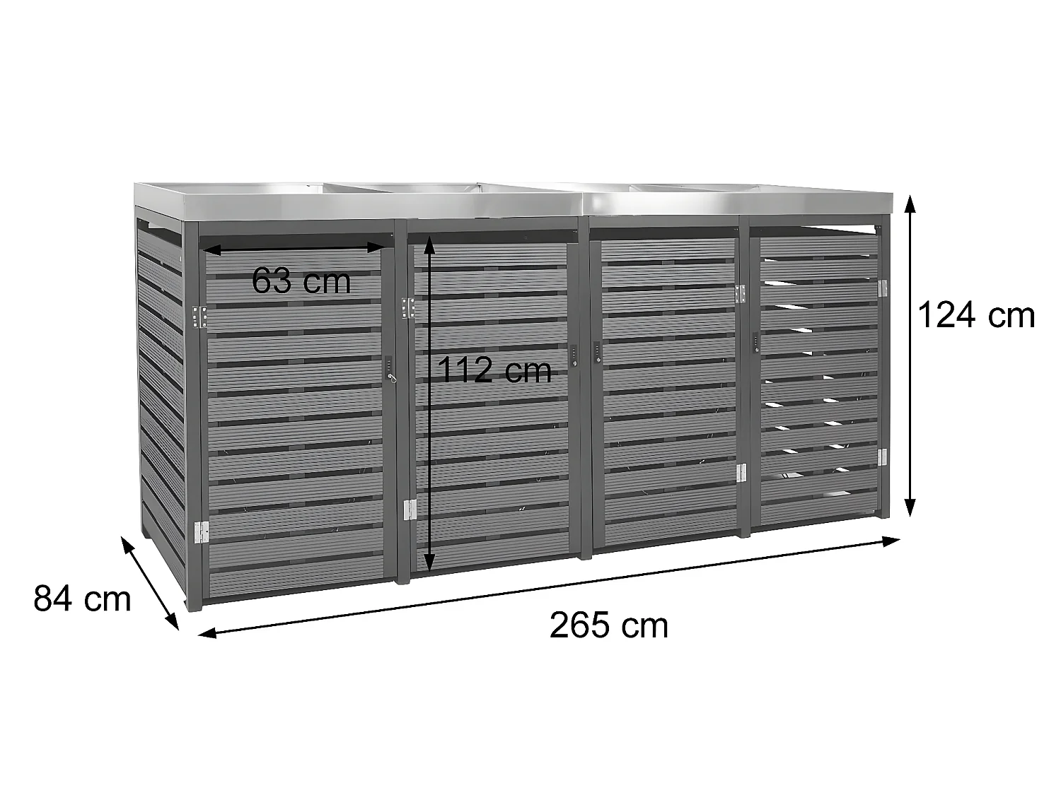 4x copribidoni box spazzatura rifiuti con fioriera MCW-K14 84x265x124cm metallo WPC antracite