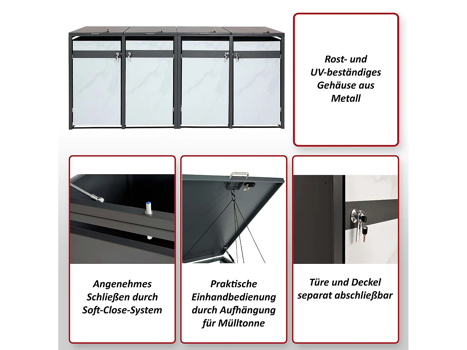 Set 4x copribidoni box spazzatura rifiuti MCW-J82 80x264x117cm acciaio inox antracite gold