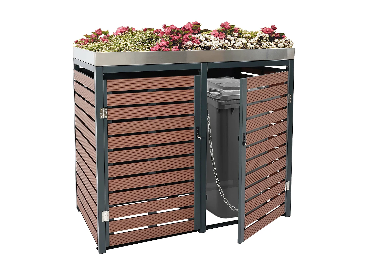 2x copribidoni box spazzatura rifiuti con fioriera MCW-K14 84x134x124cm metallo WPC marrone