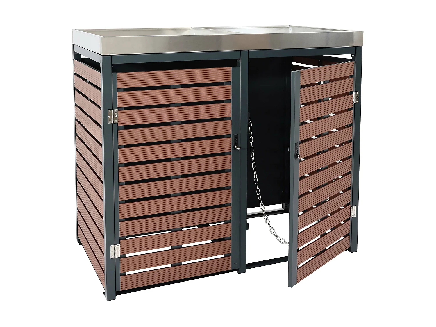 2x copribidoni box spazzatura rifiuti con fioriera MCW-K14 84x134x124cm metallo WPC marrone