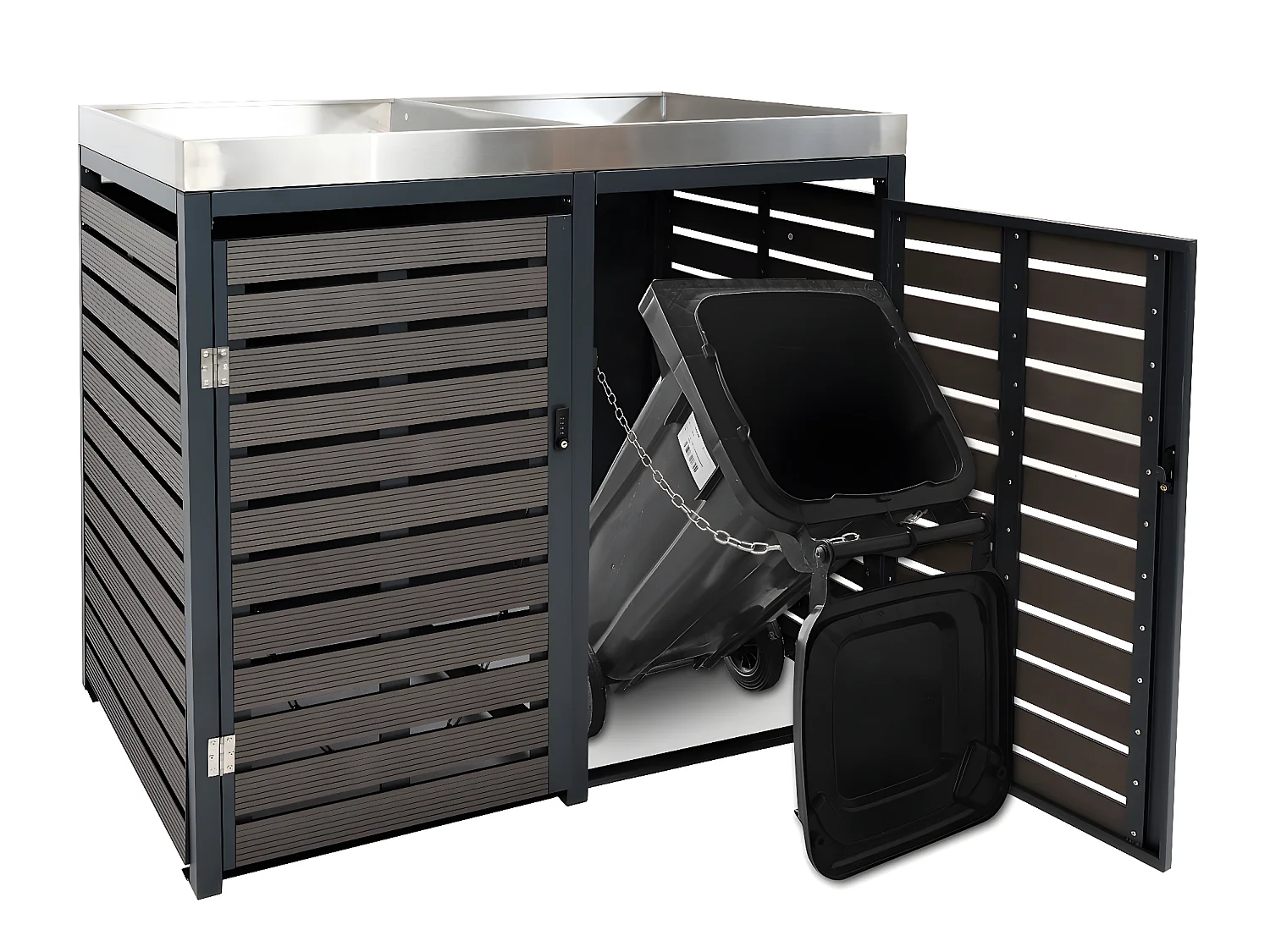 2x copribidoni box spazzatura rifiuti con fioriera MCW-K14 84x134x124cm metallo WPC marrone