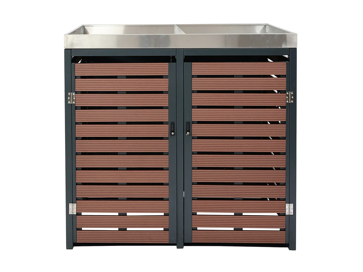 2x copribidoni box spazzatura rifiuti con fioriera MCW-K14 84x134x124cm metallo WPC marrone