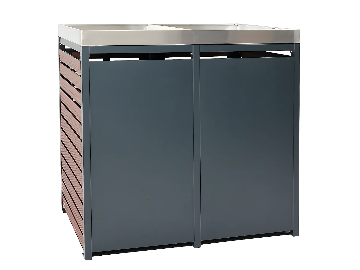 2x copribidoni box spazzatura rifiuti con fioriera MCW-K14 84x134x124cm metallo WPC marrone