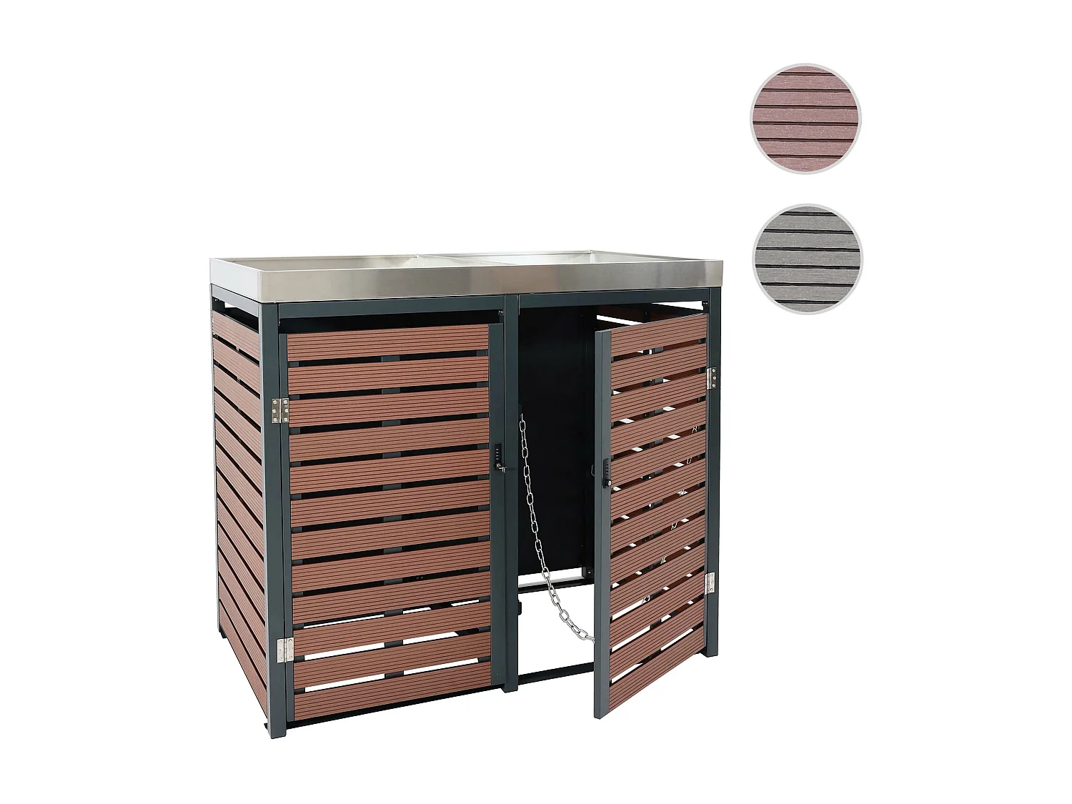 2x copribidoni box spazzatura rifiuti con fioriera MCW-K14 84x134x124cm metallo WPC marrone