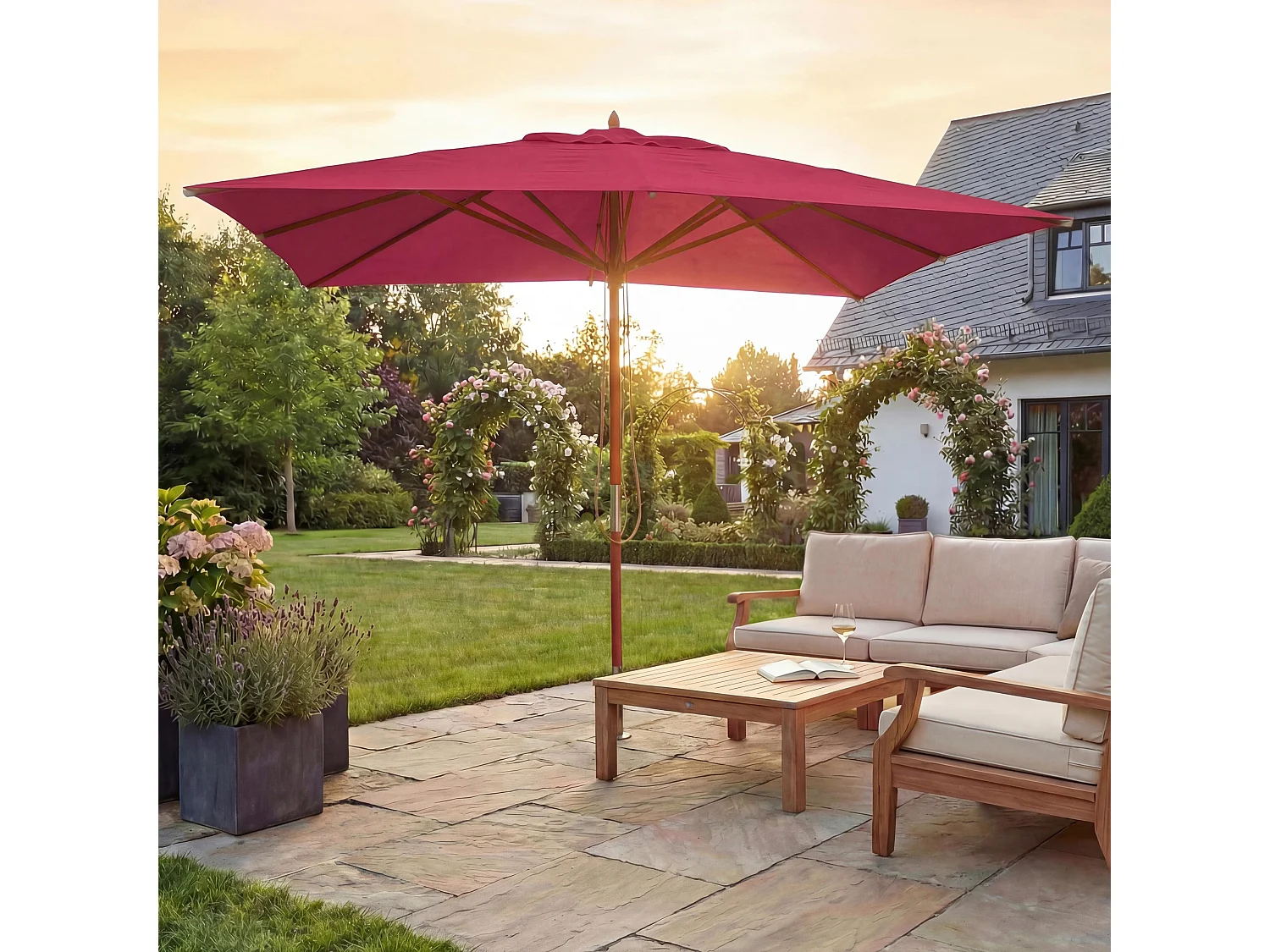 Ombrellone parasole quadrato MCW-C57 legno alluminio tessuto 300g/m² 4x4m bordeaux