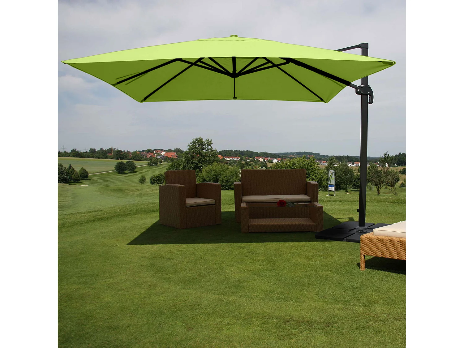 Ombrellone parasole decentrato MCW-A96 3x3m alluminio verde girevole con base