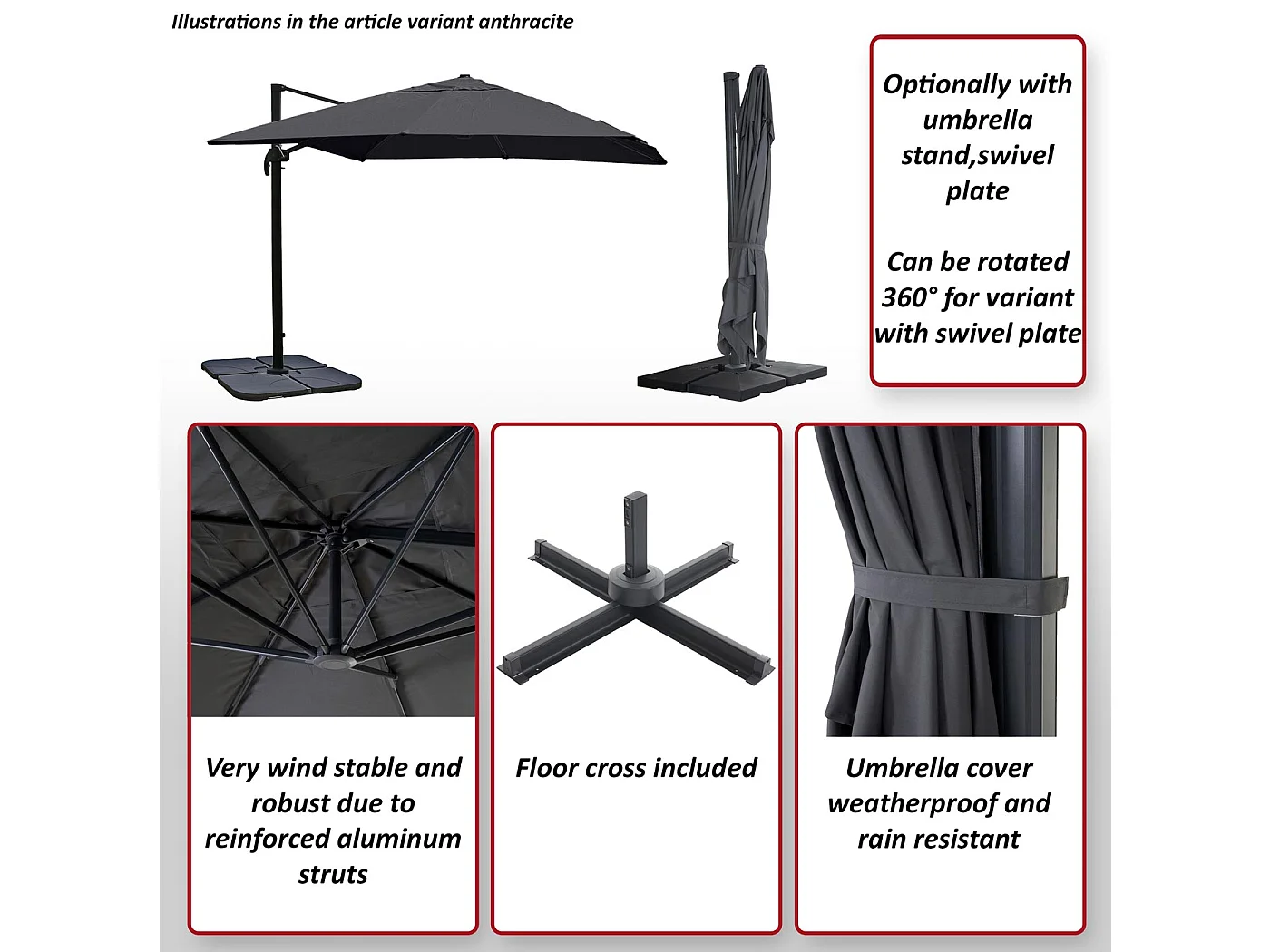 Obrotowy parasol wspornikowy MCW-A96 III,  Klapa, kremowo-szary ze stojakiem, obrotowy