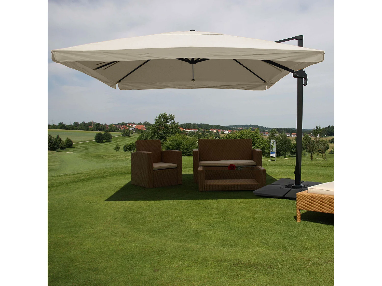 Ombrellone parasole decentrato MCW-A96 3x4m alluminio ~ con volante avorio grigio con base