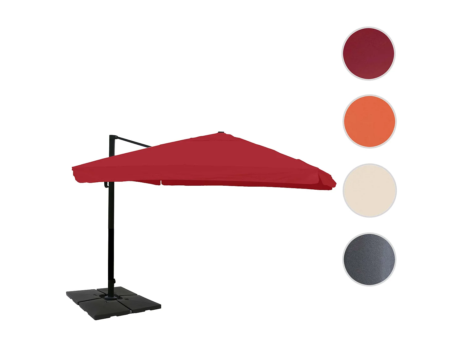 Ombrellone parasole decentrato MCW-A96 3,5x3,5m alluminio ~ con volante bordeaux girevole con base