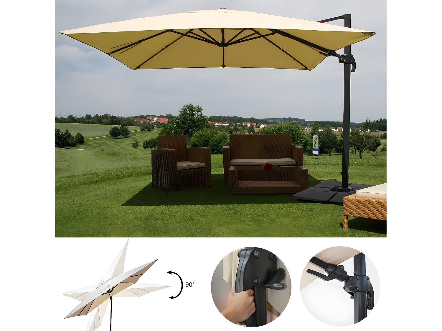 Ombrellone parasole decentrato MCW-A96 orientabile 3x4m alluminio avorio con base