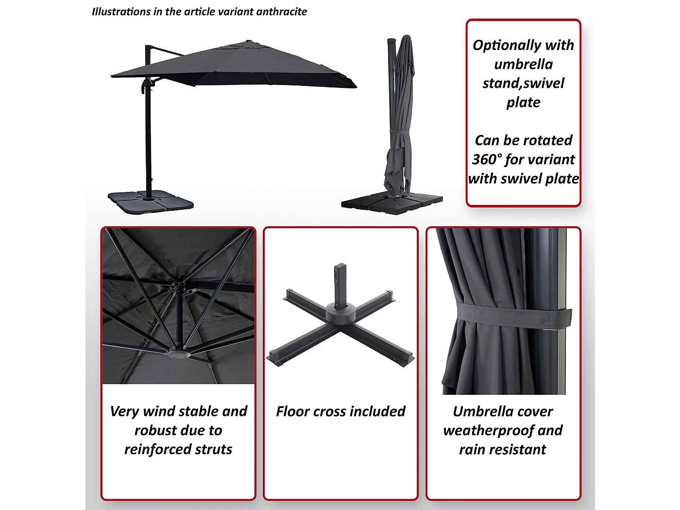 Obrotowy parasol wspornikowy MCW-A96 III,  Klapa, antracyt ze stojakiem, obrotowy