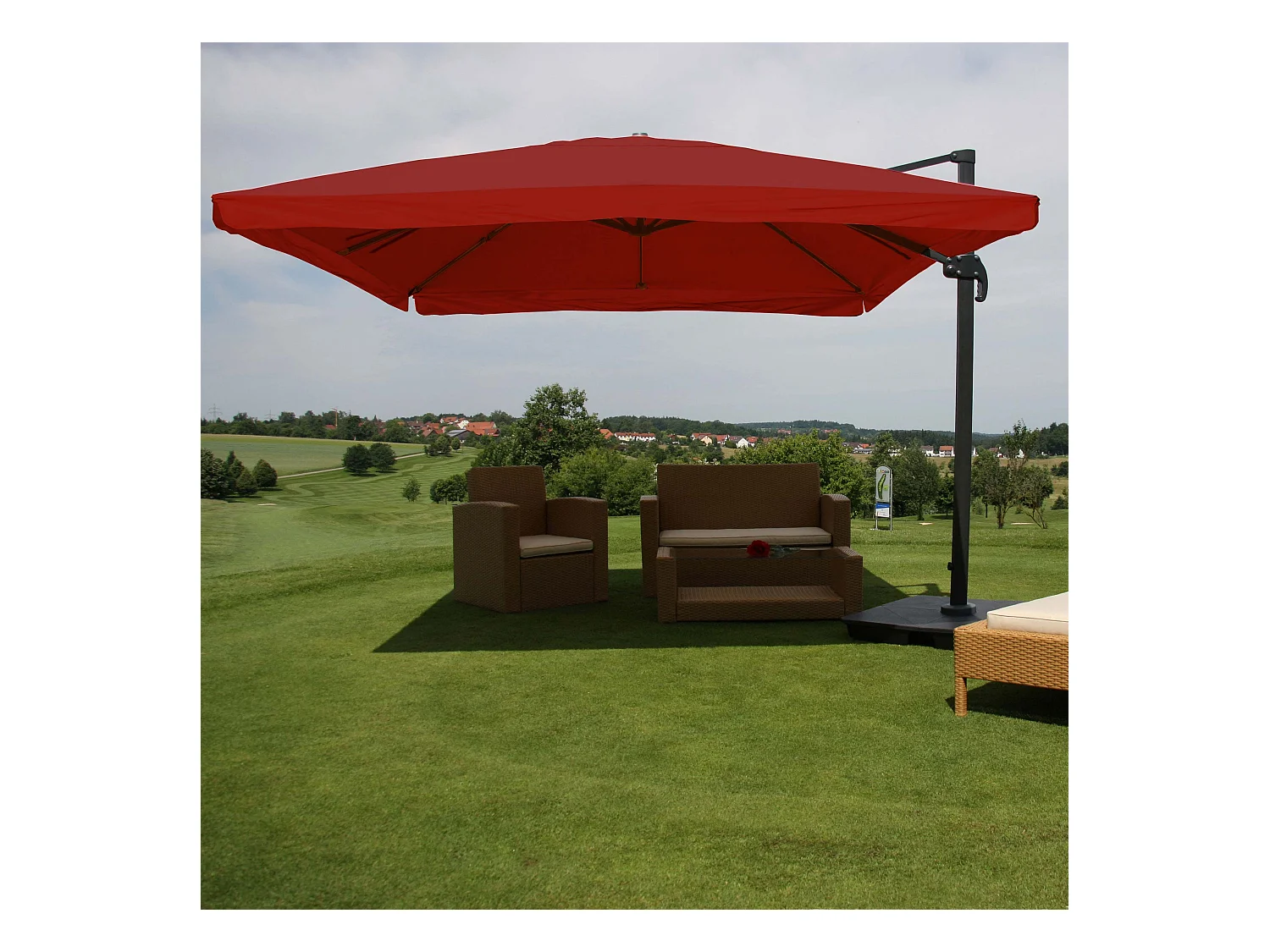 Ombrellone parasole decentrato MCW-A96 3x3m alluminio con volante bordeaux con base