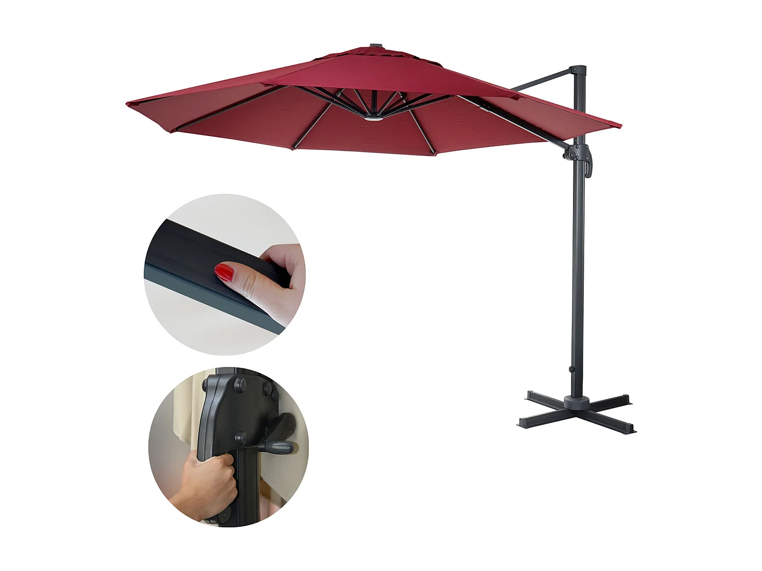 Okrągły obrotowy parasol wspornikowy MCW-A96 II,  bordowy bez stojaka, obrotowy