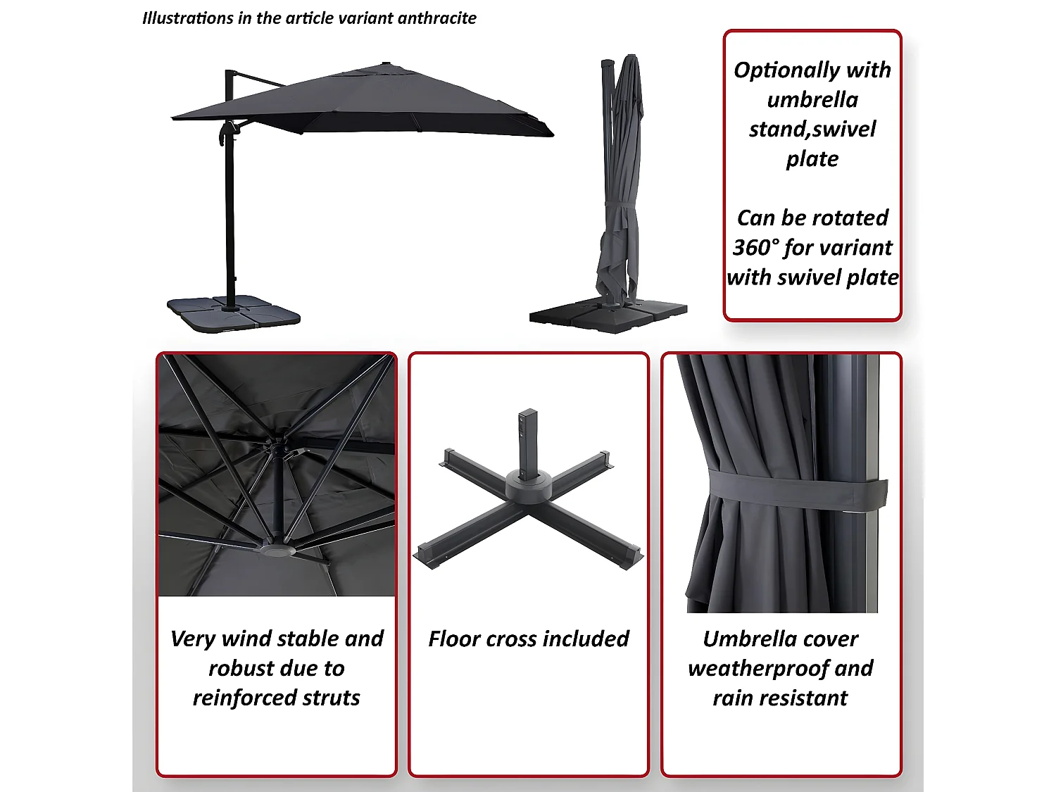 Obrotowy parasol wspornikowy MCW-A96 III,  Klapa, antracyt bez stojaka, obrotowy