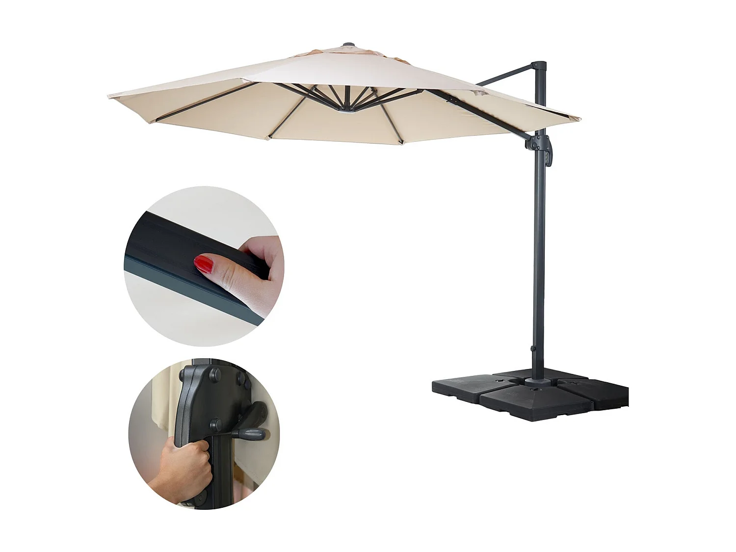 Ombrellone parasole decentrato MCW-A96 rotondo 3,5m ~ avorio con base