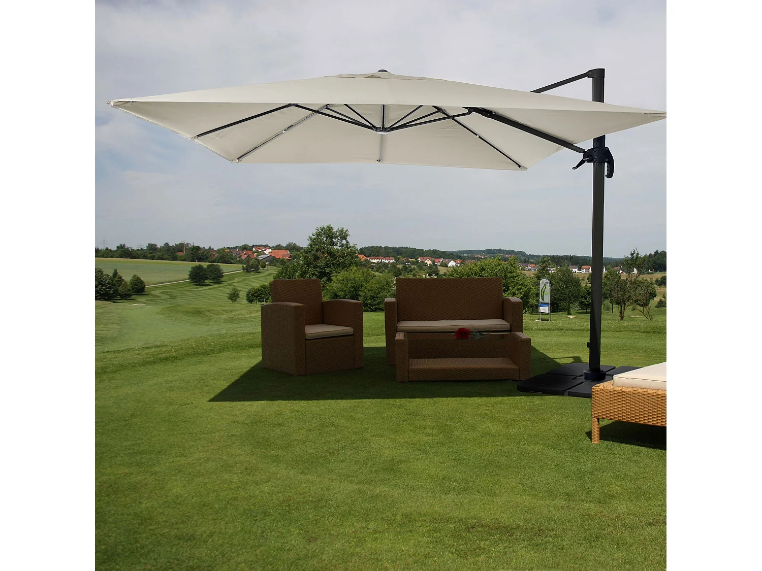 Ombrellone parasole decentrato MCW-A96 3,5x3,5m ~ avorio grigio girevole con base