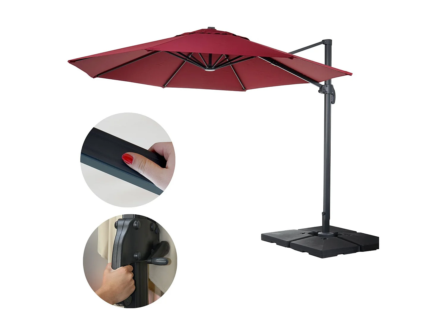 Ombrellone parasole decentrato MCW-A96 rotondo 3,5m ~ bordeaux con base