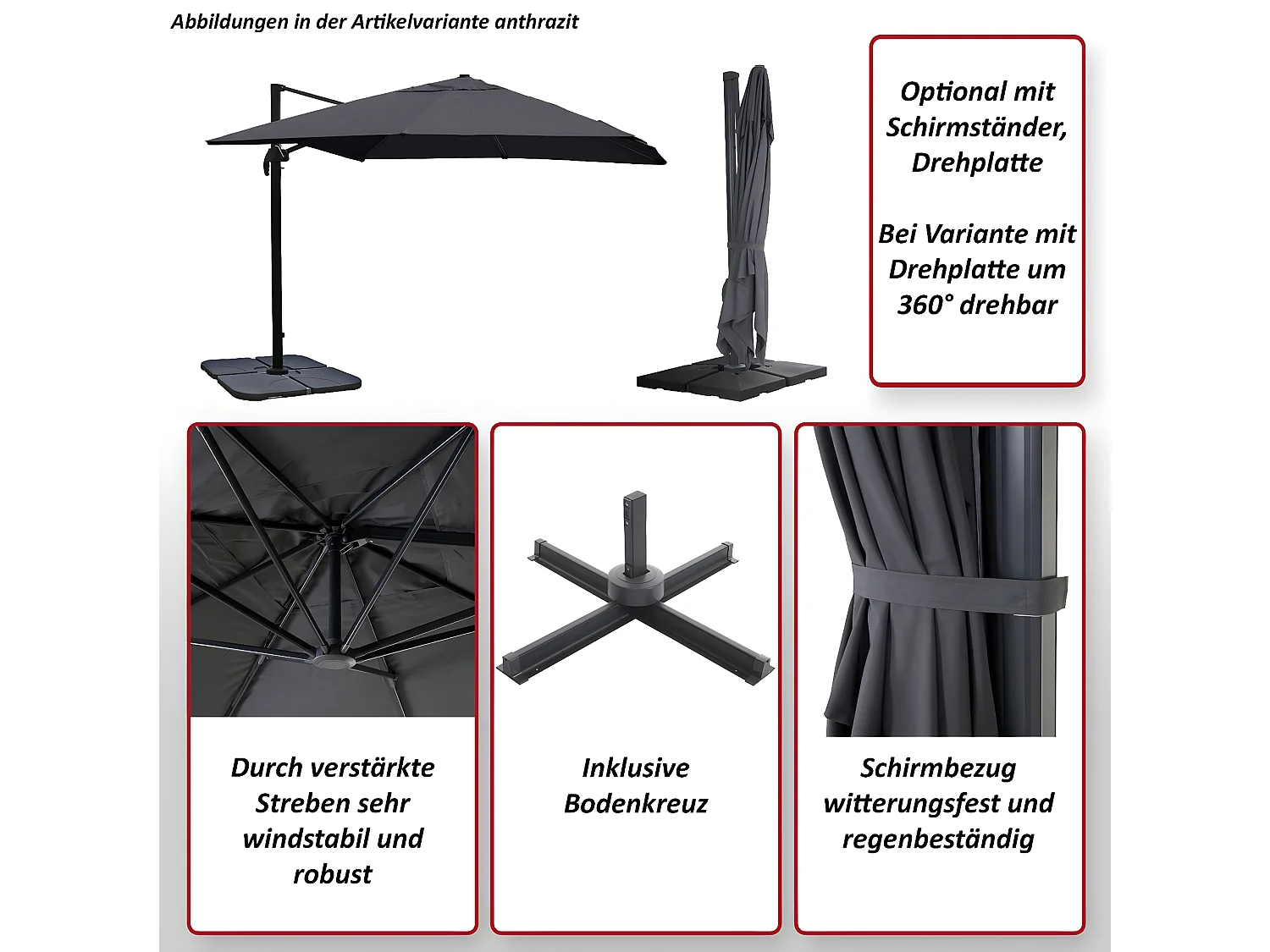 Parasol świetlny MCW-A96 III,  antracyt ze stojakiem, obrotowy