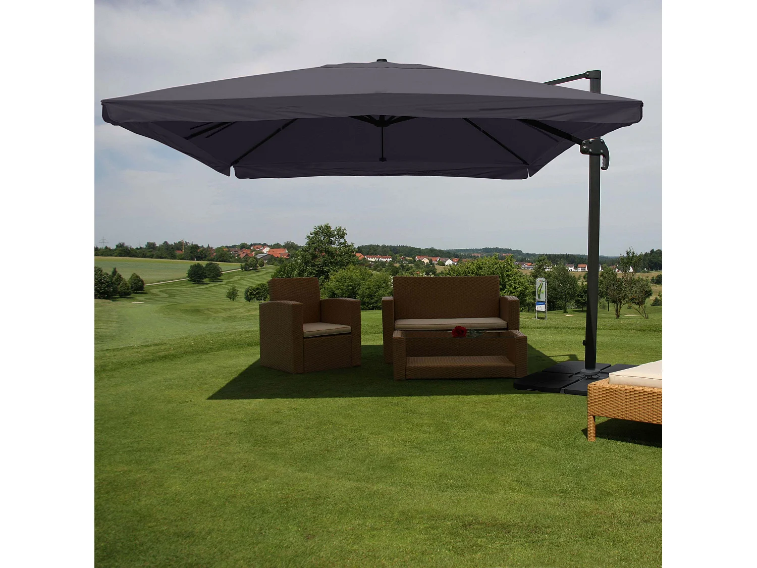 Ombrellone parasole decentrato MCW-A96 3x3m con volante antracite con base