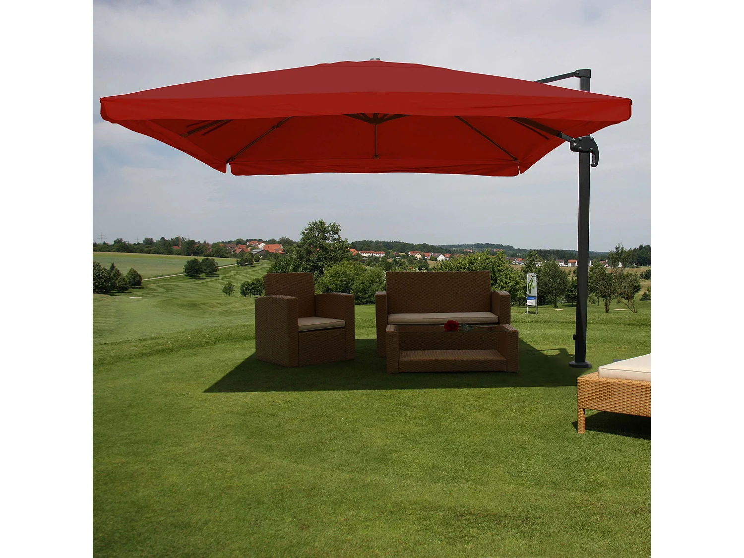 Ombrellone parasole decentrato MCW-A96 3x3m ~ con volante bordeaux senza base