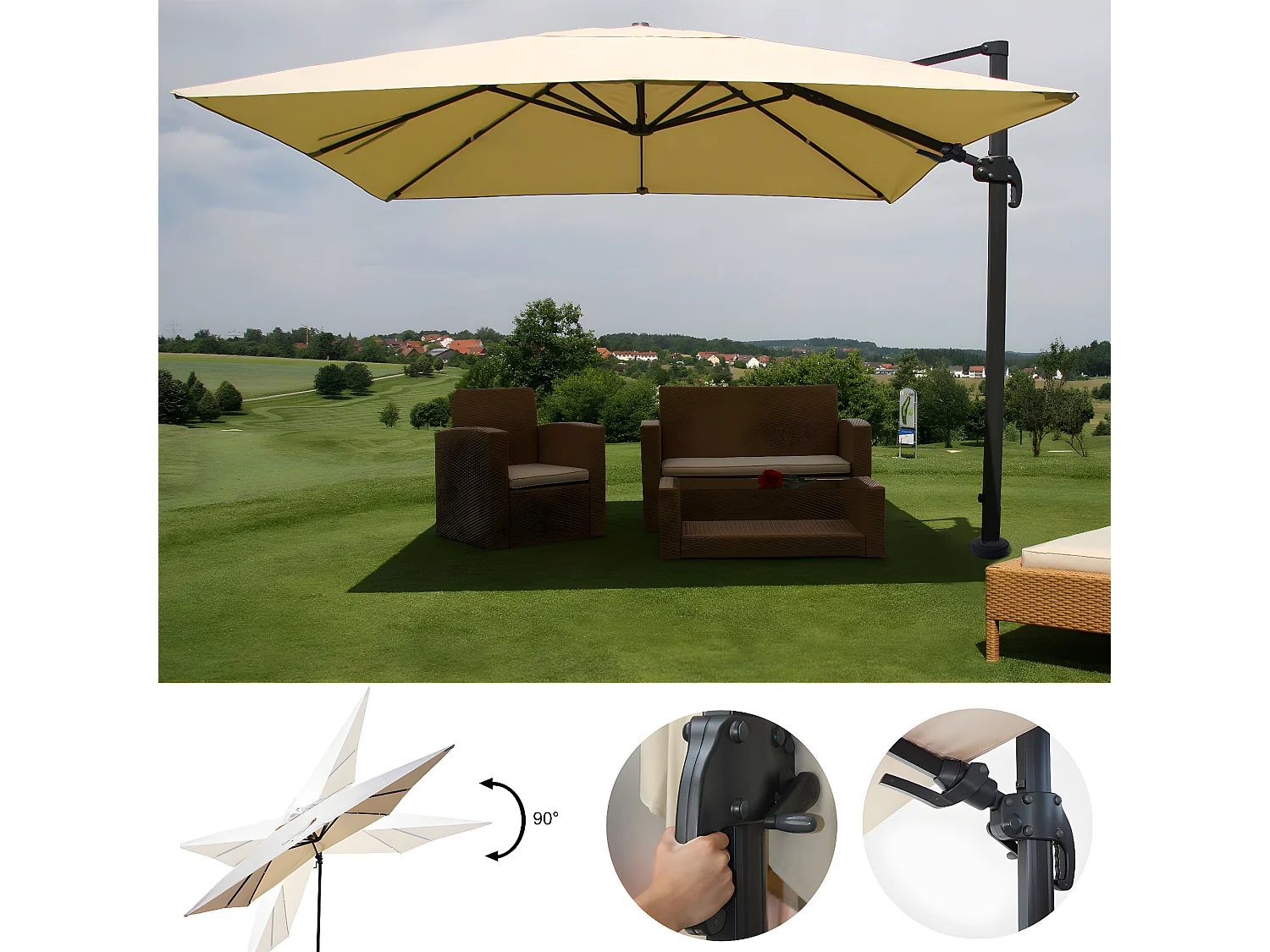 Ombrellone parasole decentrato MCW-A96 orientabile 3x4m alluminio avorio senza base