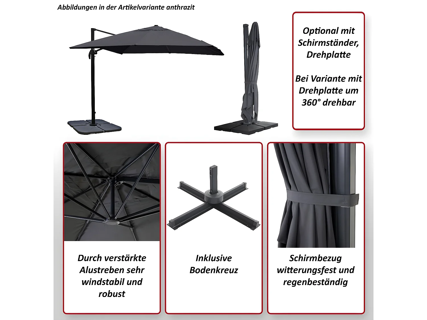 Ampelschirm MCW-A96 III drehbar, Anthrazit ohne Ständer, drehbar