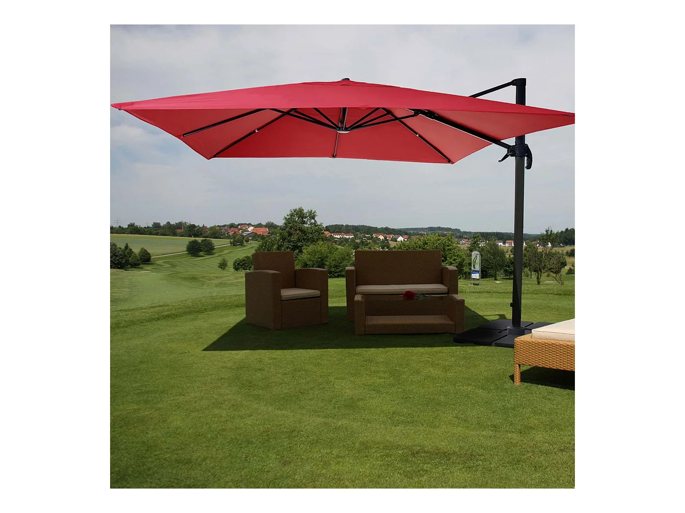 Ombrellone parasole decentrato MCW-A96 3x3m rosso con base