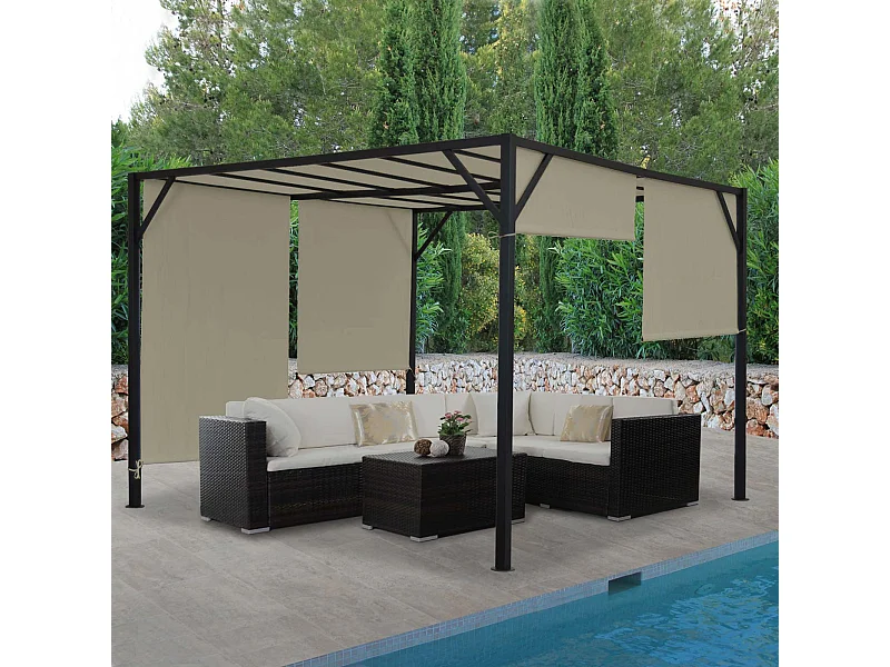 Gazebo pergola regolabile baldacchino moderno elegante giardino patio Baia acciaio poliestere 4x4m marrone beige
