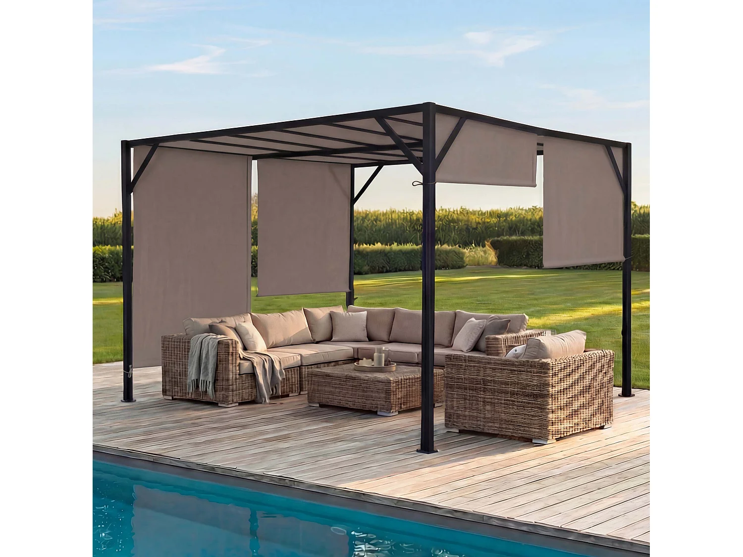 Pergola Baia, Garten Pavillon Terrassenüberdachung, stabiles 6cm-Stahl-Gestell + Schiebedach taupe, 4x4m