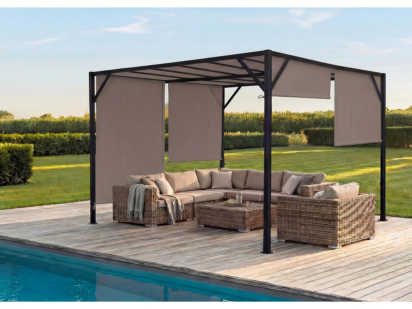 Pergola Baia, Garten Pavillon Terrassenüberdachung, stabiles 6cm-Stahl-Gestell + Schiebedach taupe, 4x4m