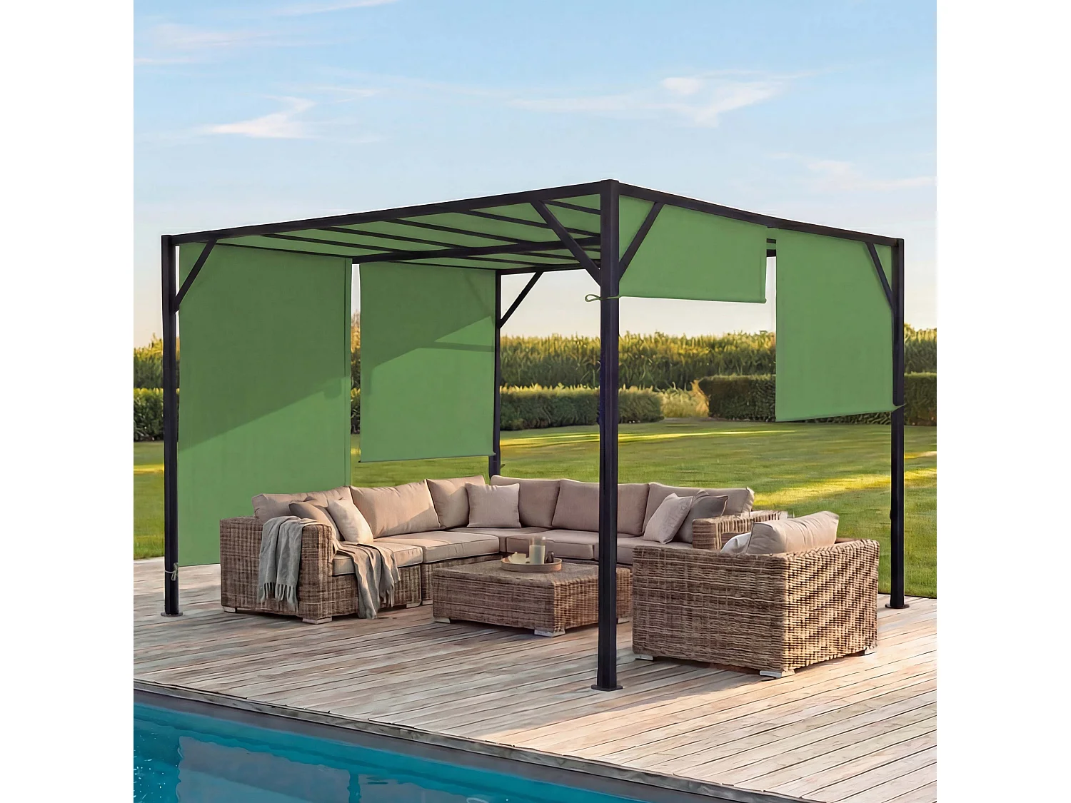 Pergola Baia, Garten Pavillon Terrassenüberdachung, stabiles 6cm-Stahl-Gestell + Schiebedach grün, 4x4m