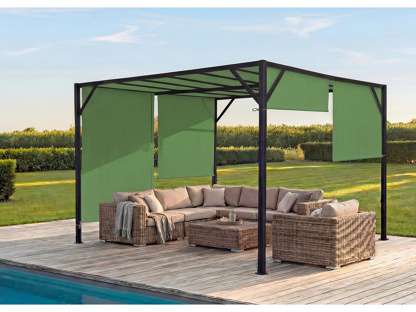 Pergola Baia, Garten Pavillon Terrassenüberdachung, stabiles 6cm-Stahl-Gestell + Schiebedach grün, 4x4m