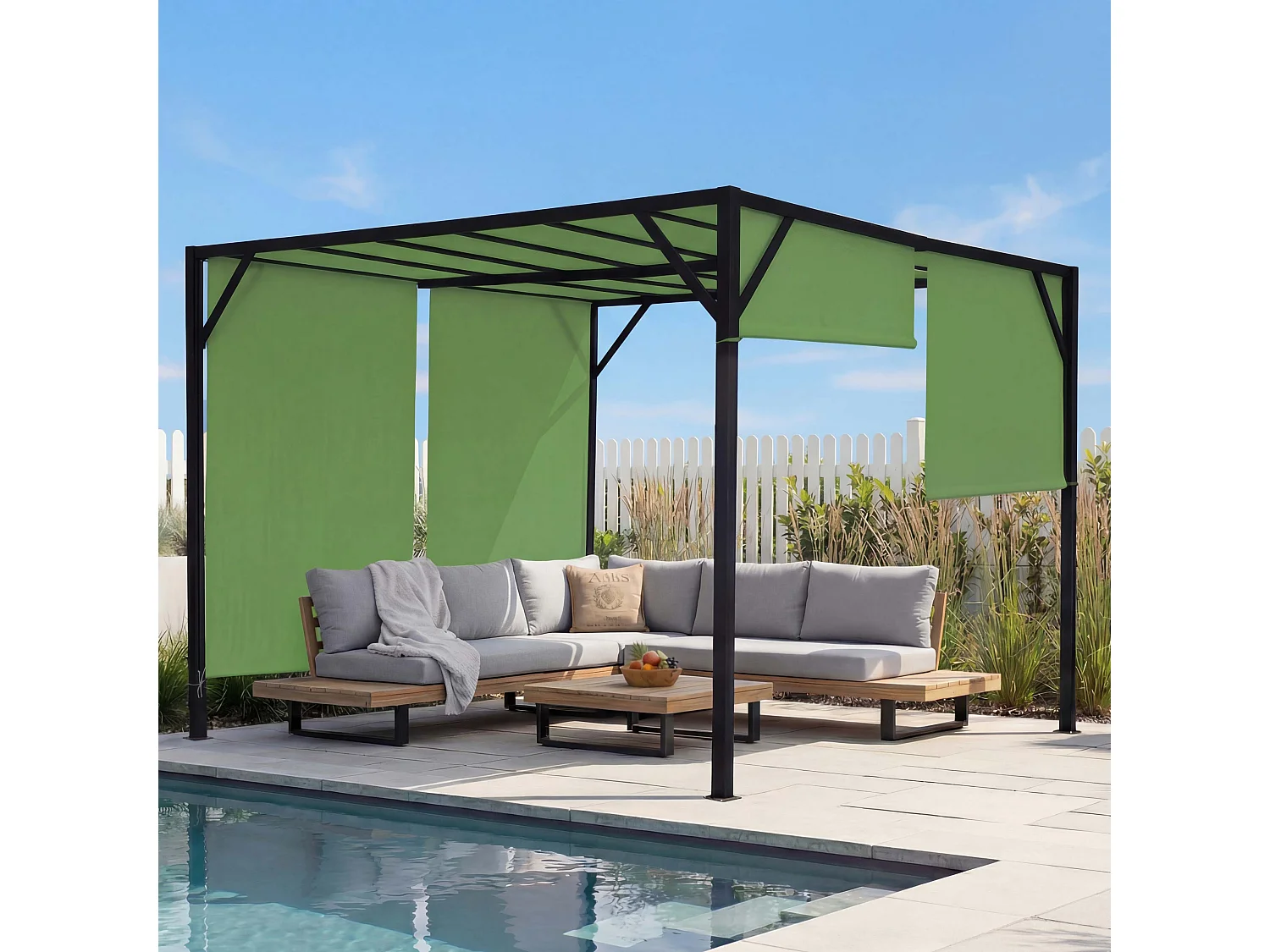 Pergola Baia, Garten Pavillon Terrassenüberdachung, stabiles 6cm-Stahl-Gestell + Schiebedach grün, 3x3m