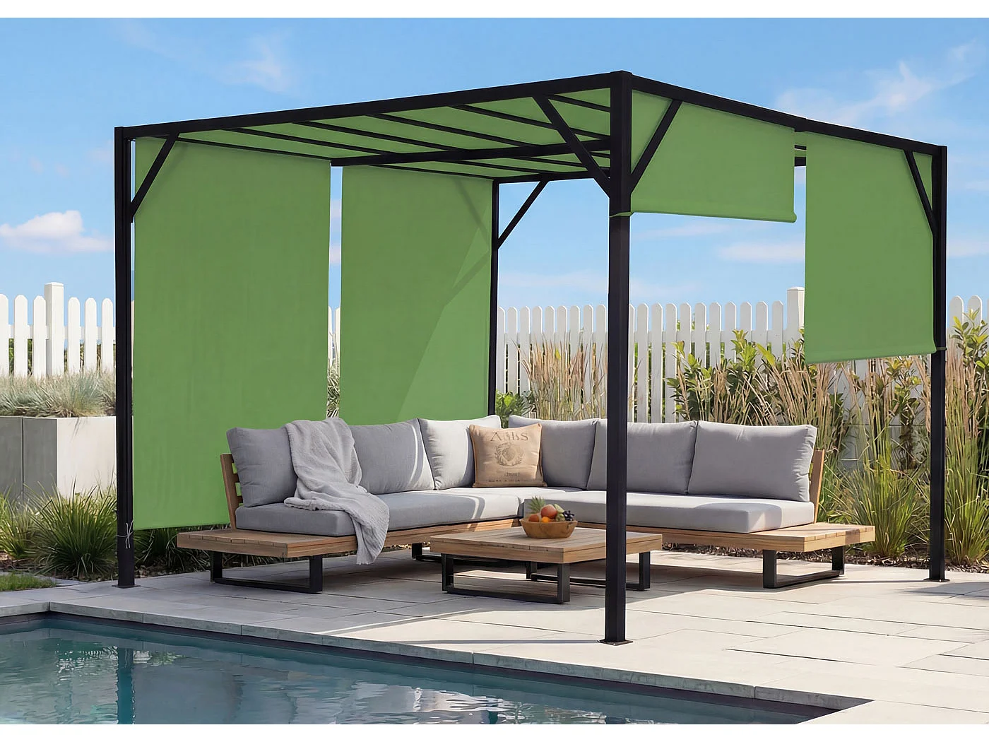 Pergola Baia, Garten Pavillon Terrassenüberdachung, stabiles 6cm-Stahl-Gestell + Schiebedach grün, 3x3m