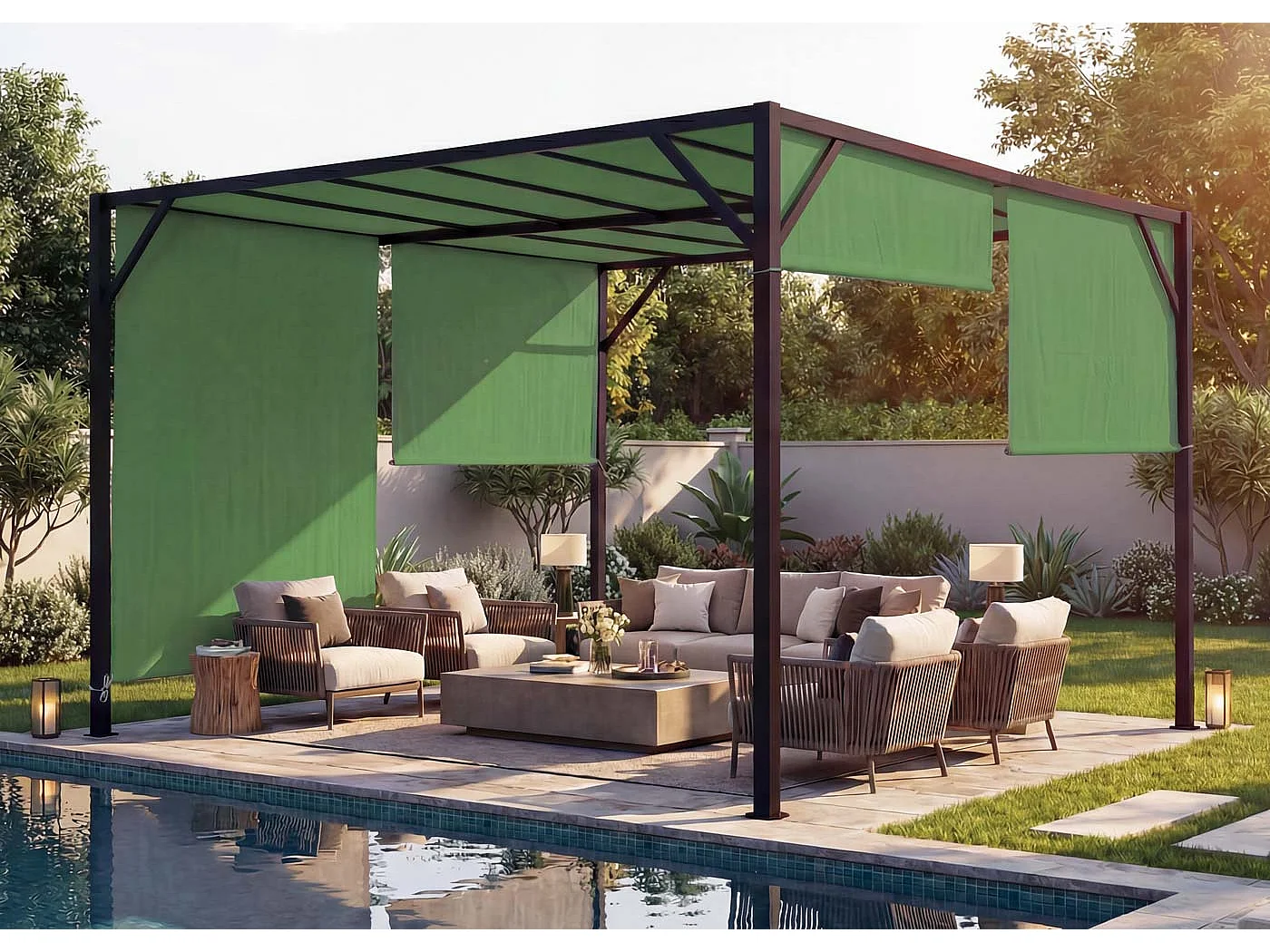 Pergola Baia, Garten Pavillon Terrassenüberdachung, stabiles 6cm-Stahl-Gestell + Schiebedach grün, 3x4m