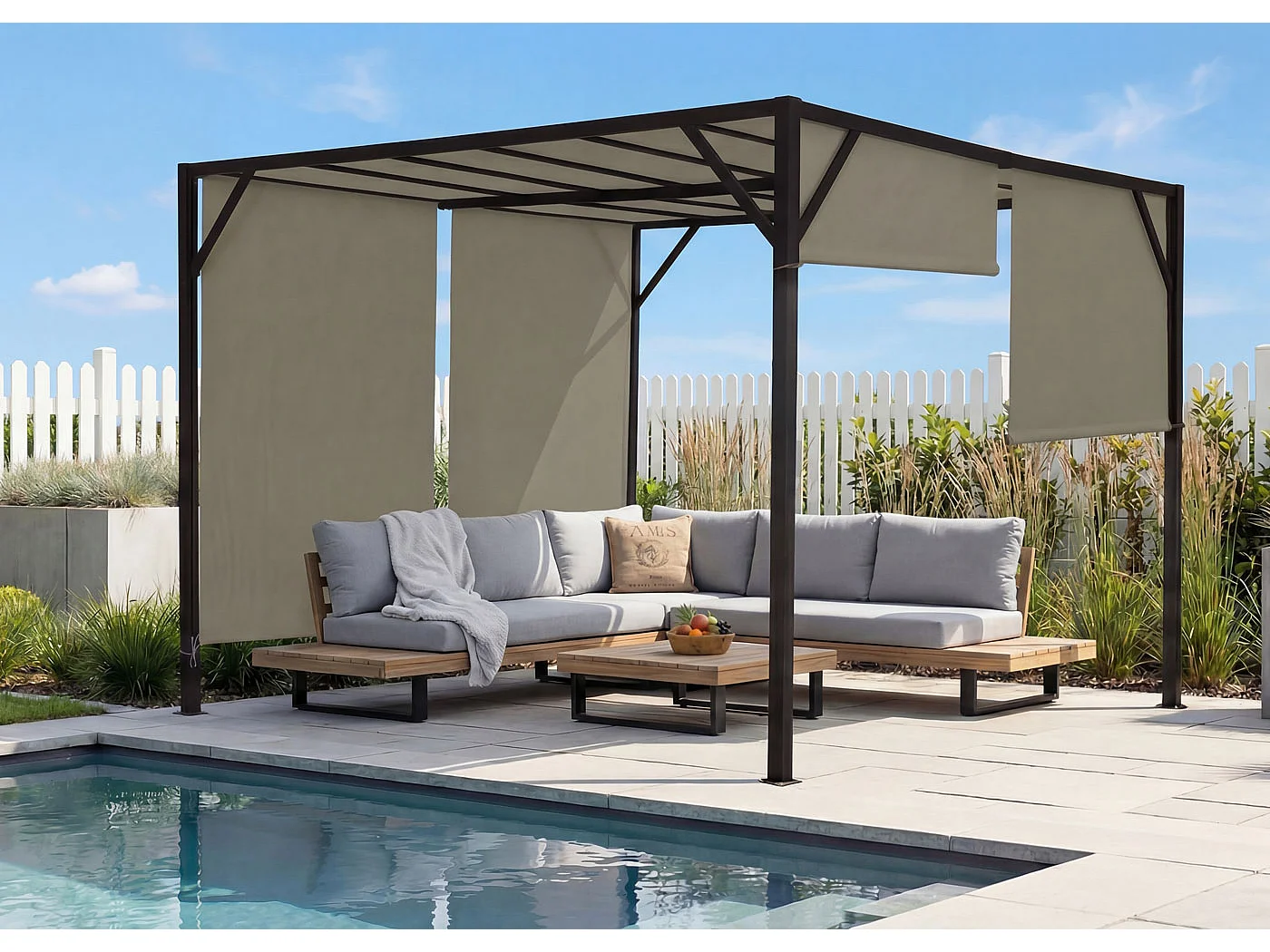 Pergola Baia, Garten Pavillon Terrassenüberdachung, stabiles 6cm-Stahl-Gestell + Schiebedach taupe, 3x3m