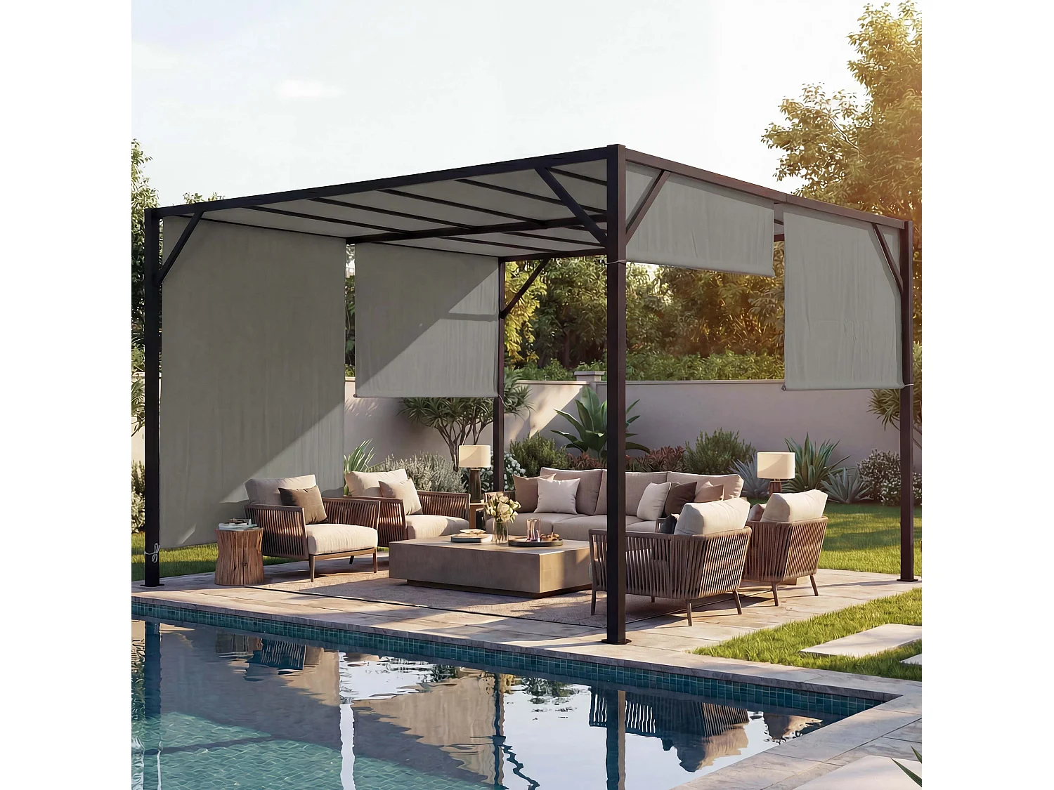 Pergola Baia, Garten Pavillon Terrassenüberdachung, stabiles 6cm-Stahl-Gestell + Schiebedach taupe, 3x4m
