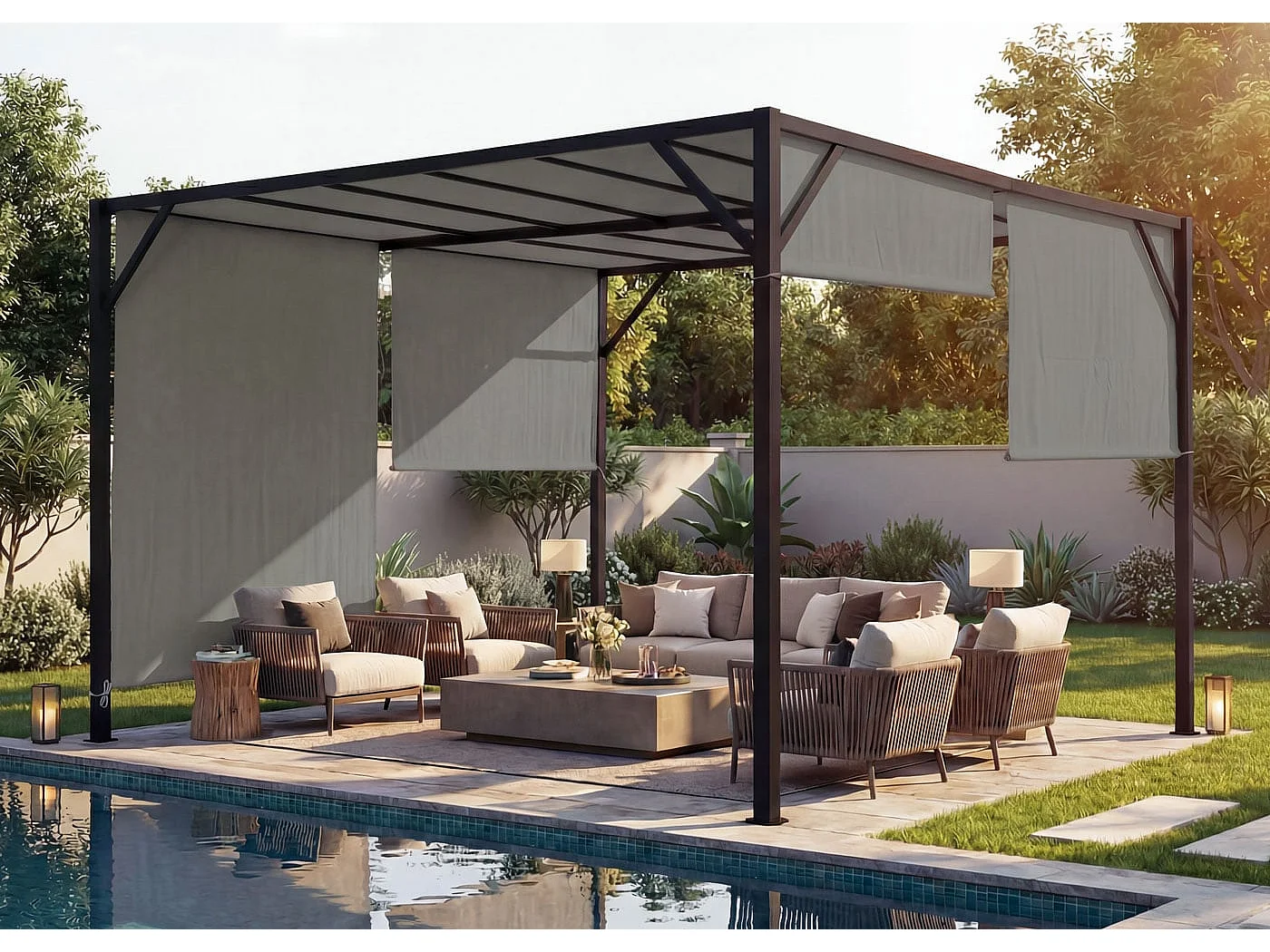 Pergola Baia, Garten Pavillon Terrassenüberdachung, stabiles 6cm-Stahl-Gestell + Schiebedach taupe, 3x4m