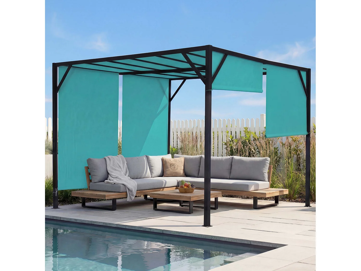 Pergola Baia, Garten Pavillon Terrassenüberdachung, stabiles 6cm-Stahl-Gestell + Schiebedach türkis-blau, 3x3m