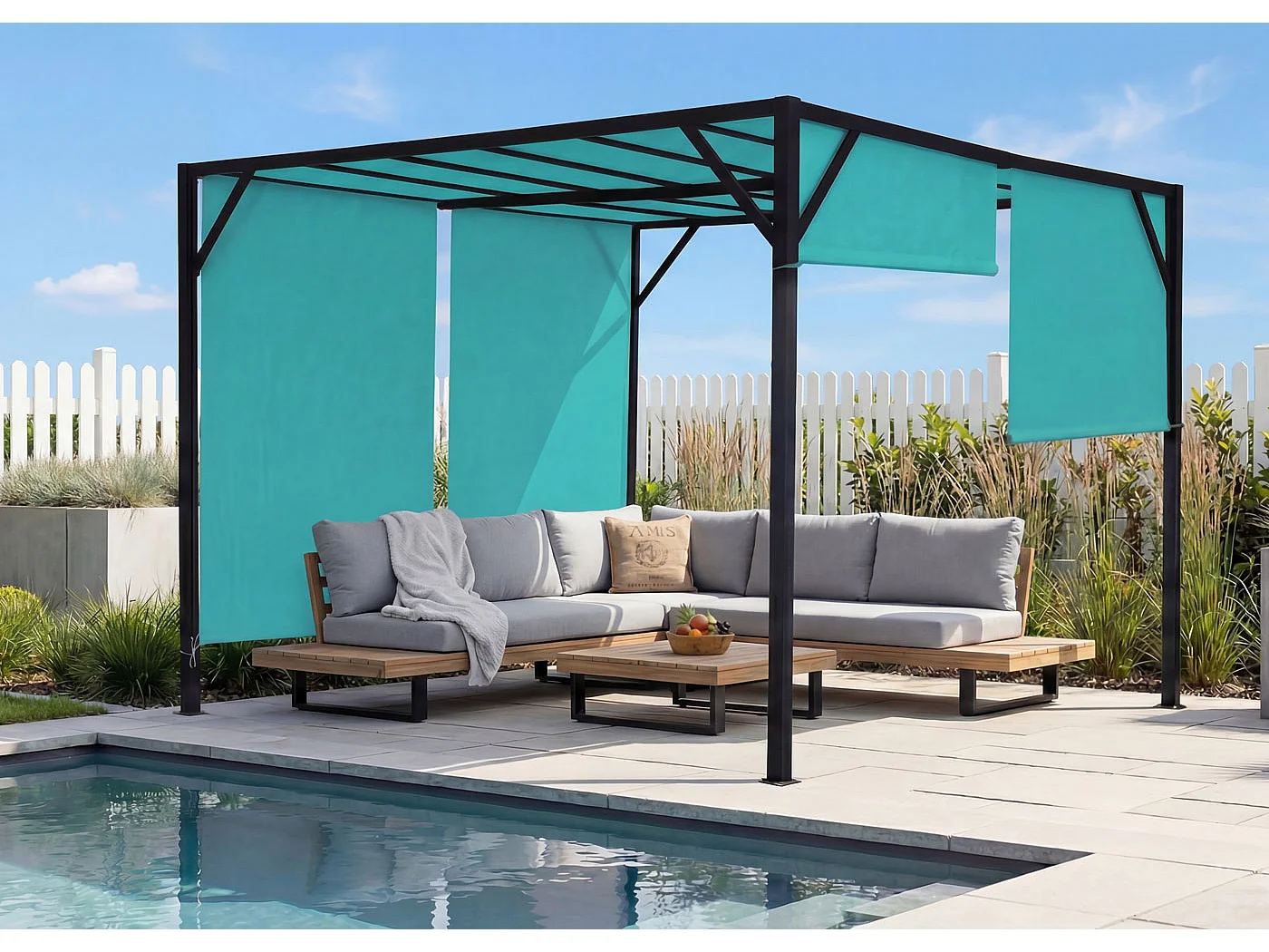 Pergola Baia, Garten Pavillon Terrassenüberdachung, stabiles 6cm-Stahl-Gestell + Schiebedach türkis-blau, 3x3m